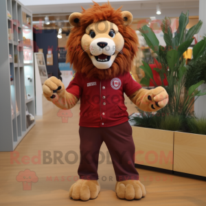 Maroon Lion mascot costume character dressed with a Oxford Shirt and Shoe clips