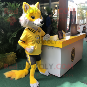 Yellow Wolf mascot costume character dressed with a Mini Skirt and Lapel pins