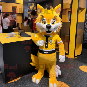 Yellow Wolf mascot costume character dressed with a Mini Skirt and Lapel pins