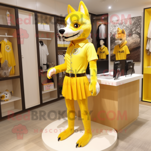 Yellow Wolf mascot costume character dressed with a Mini Skirt and Lapel pins