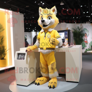 Yellow Wolf mascot costume character dressed with a Mini Skirt and Lapel pins