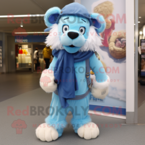 Sky Blue Lion mascot costume character dressed with a Dungarees and Scarf clips