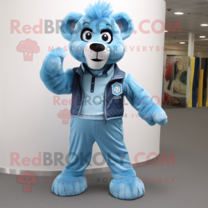 Sky Blue Lion mascot costume character dressed with a Dungarees and Scarf clips