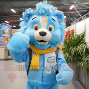 Sky Blue Lion mascot costume character dressed with a Dungarees and Scarf clips