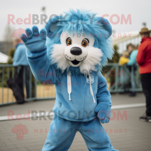 Sky Blue Lion mascot costume character dressed with a Dungarees and Scarf clips