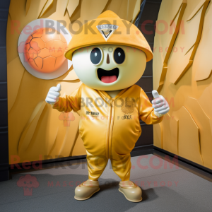Gold Melon mascot costume character dressed with a Rash Guard and Caps