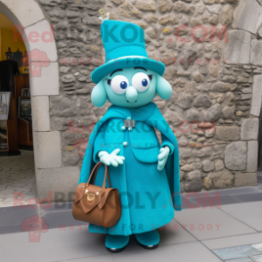 Turquoise Irish Castle mascot costume character dressed with a Coat and Handbags
