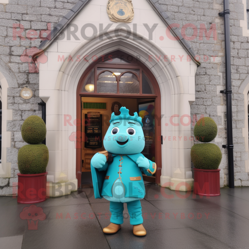 Turquoise Irish Castle mascot costume character dressed with a Coat and Handbags Turquoise Irish Castle mascot costume character dressed with a Coat and Handbags