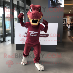 Maroon Allosaurus mascot costume character dressed with a Running Shorts and Cummerbunds