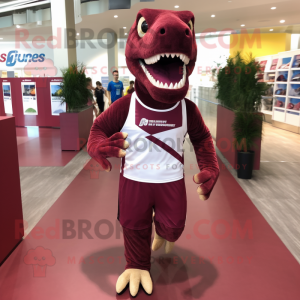 Maroon Allosaurus mascot costume character dressed with a Running Shorts and Cummerbunds