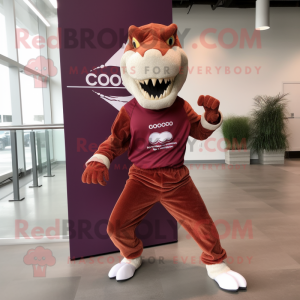 Maroon Allosaurus mascot costume character dressed with a Running Shorts and Cummerbunds