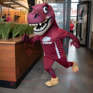 Maroon Allosaurus mascot costume character dressed with a Running Shorts and Cummerbunds