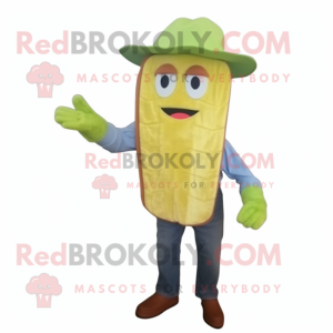 Lime Green Grilled Cheese Sandwich mascot costume character dressed with a Chambray Shirt and Hats