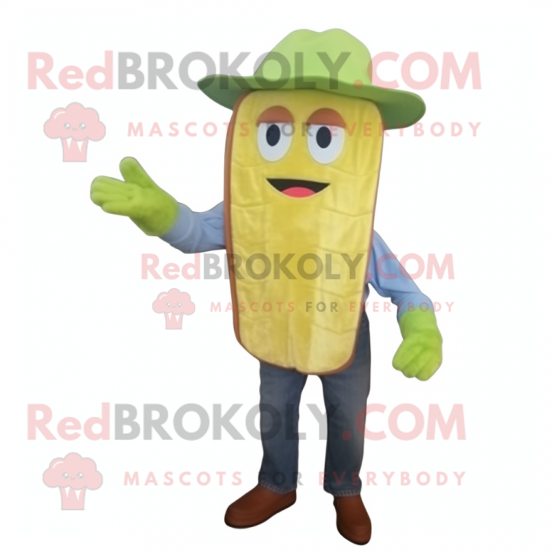 Lime Green Grilled Cheese Sandwich mascot costume character dressed with a Chambray Shirt and Hats