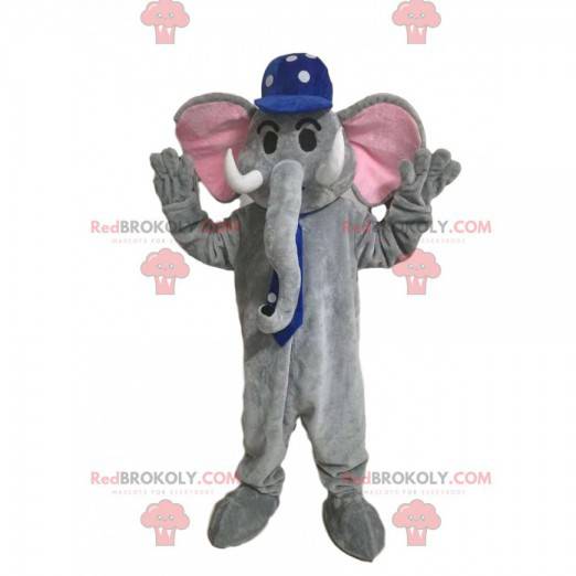 Gray elephant mascot with a blue cap with white dots -