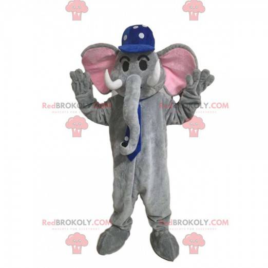 Mascotte d'éléphant gris avec une casquette bleue à pois blancs