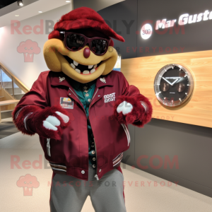 Maroon Goulash mascot costume character dressed with a Moto Jacket and Bracelet watches