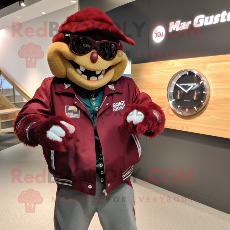 Maroon Goulash mascot costume character dressed with a Moto Jacket and Bracelet watches