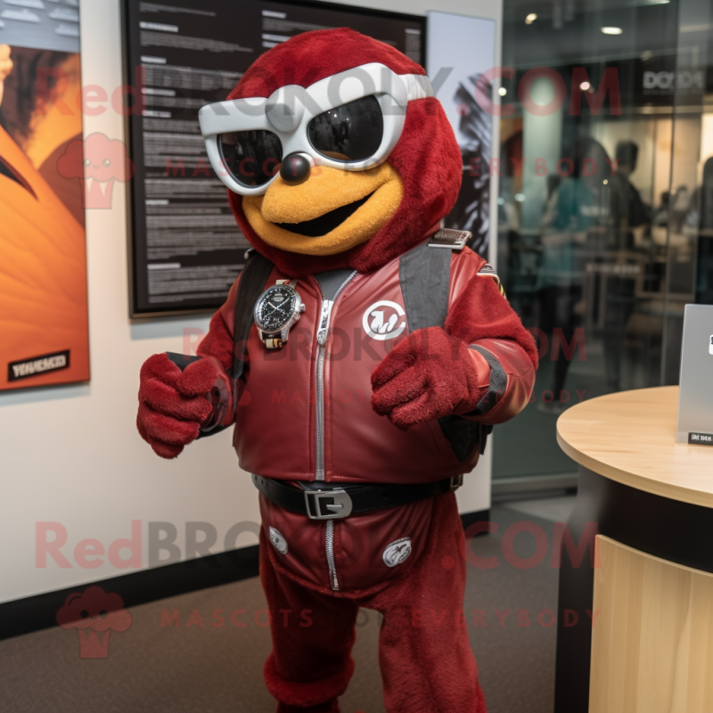 Maroon Goulash mascot costume character dressed with a Moto Jacket and Bracelet watches Maroon Goulash mascot costume character dressed with a Moto Jacket and Bracelet watches