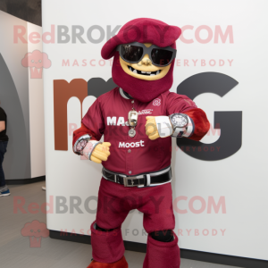 Maroon Goulash mascot costume character dressed with a Moto Jacket and Bracelet watches