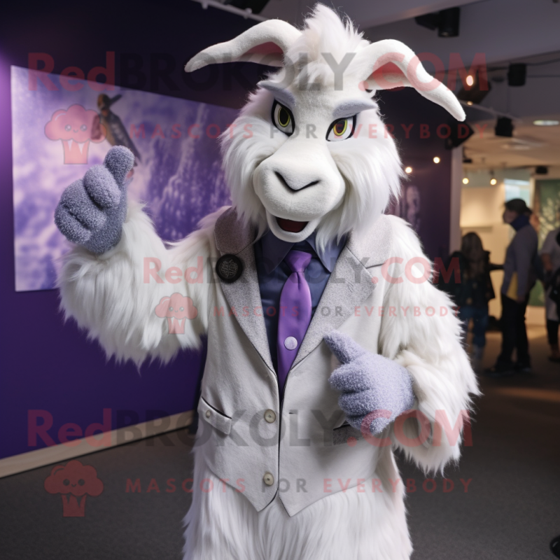Lavender Angora Goat mascot costume character dressed with a Suit Jacket and Mittens Lavender Angora Goat mascot costume character dressed with a Suit Jacket and Mittens