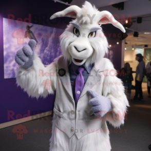 Lavender Angora Goat mascot costume character dressed with a Suit Jacket and Mittens