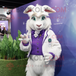 Lavender Angora Goat mascot costume character dressed with a Suit Jacket and Mittens