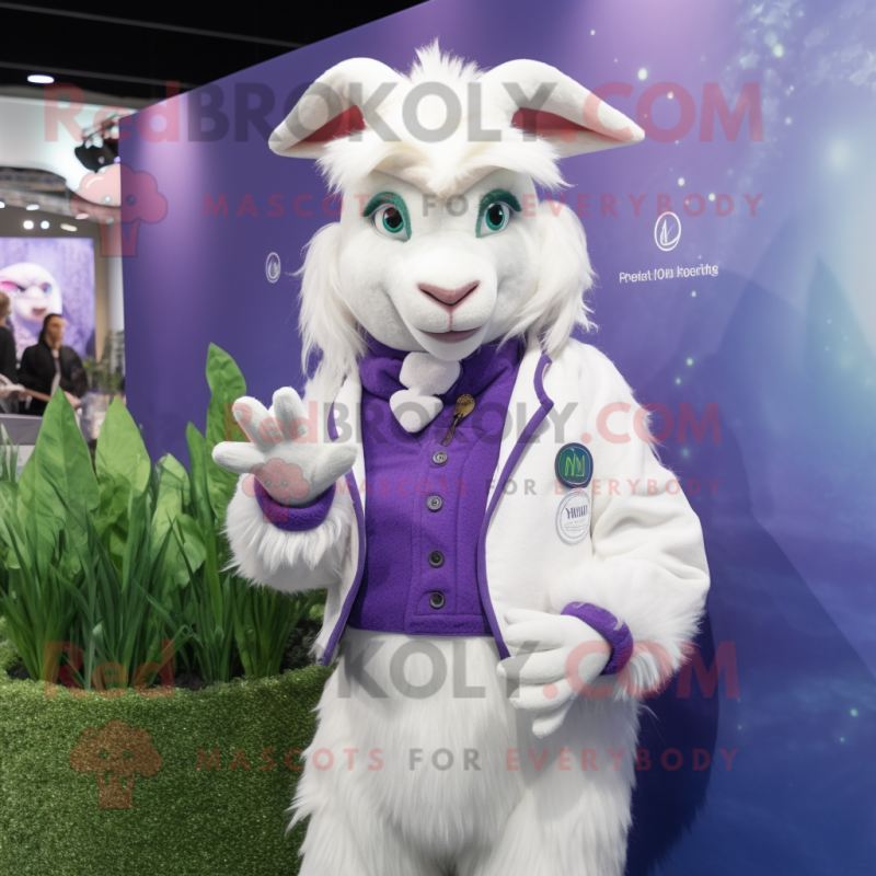 Lavender Angora Goat mascot costume character dressed with a Suit Jacket and Mittens Lavender Angora Goat mascot costume character dressed with a Suit Jacket and Mittens