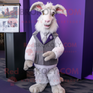 Lavender Angora Goat mascot costume character dressed with a Suit Jacket and Mittens