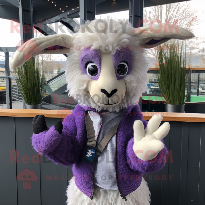 Lavender Angora Goat mascot costume character dressed with a Suit Jacket and Mittens