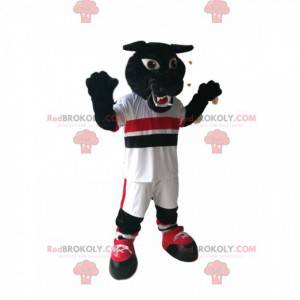 Mascotte pantera nera con abbigliamento sportivo bianco -