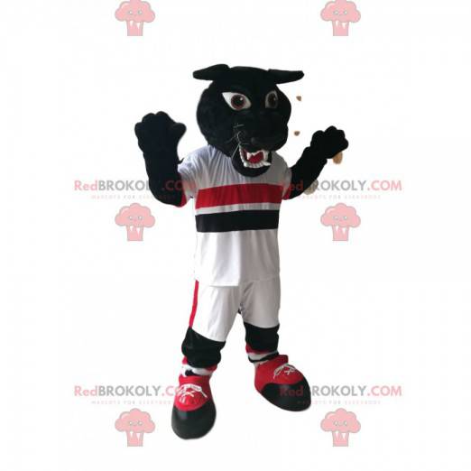 Schwarzes Panther-Maskottchen mit weißer Sportbekleidung -