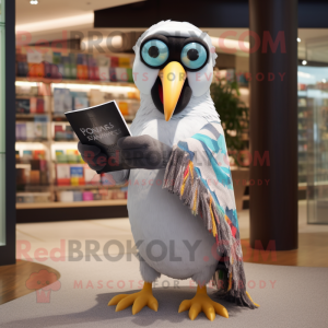 Silver Toucan mascot costume character dressed with a Wrap Dress and Reading glasses