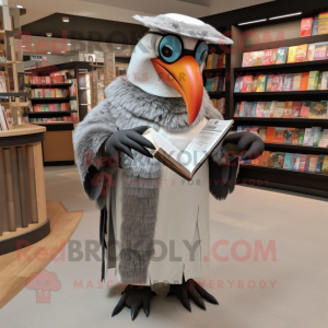 Silver Toucan mascot costume character dressed with a Wrap Dress and Reading glasses