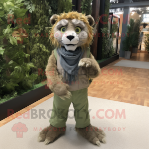 Olive Smilodon mascot costume character dressed with a Overalls and Scarf clips