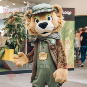 Olive Smilodon mascot costume character dressed with a Overalls and Scarf clips