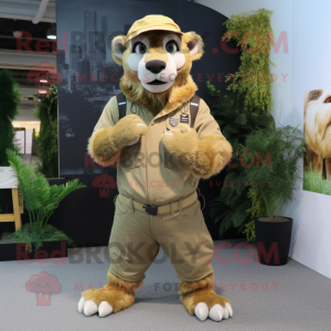 Olive Smilodon mascot costume character dressed with a Overalls and Scarf clips