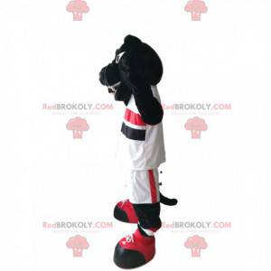 Mascote da pantera negra com roupa esportiva branca -
