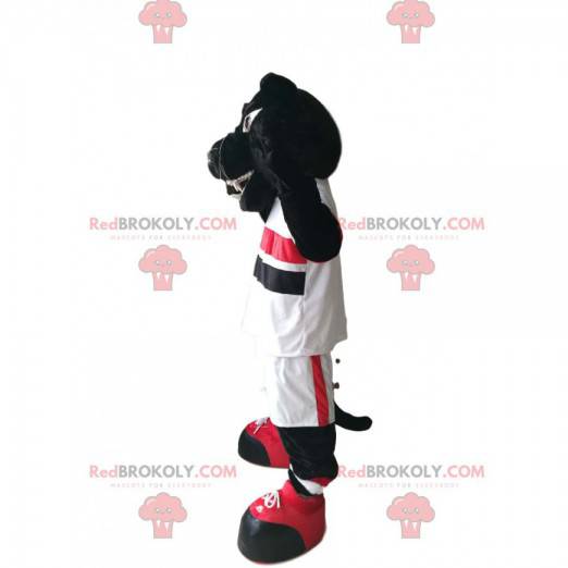 Mascotte pantera nera con abbigliamento sportivo bianco -