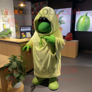 Lime Green Pepper mascot costume character dressed with a Hoodie and Scarves