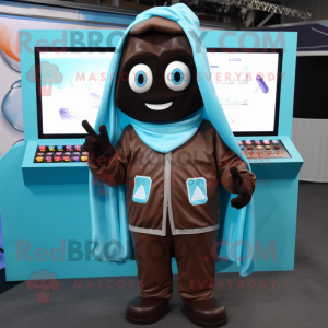 Cyan Chocolate Bars mascot costume character dressed with a Hoodie and Tie pins