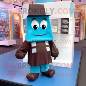 Cyan Chocolate Bars mascot costume character dressed with a Hoodie and Tie pins
