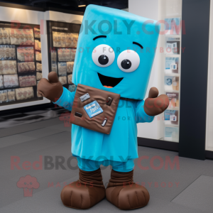 Cyan Chocolate Bars mascot costume character dressed with a Hoodie and Tie pins