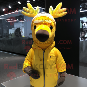 Yellow Deer mascot costume character dressed with a Graphic Tee and Beanies