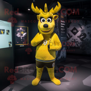 Yellow Deer mascot costume character dressed with a Graphic Tee and Beanies