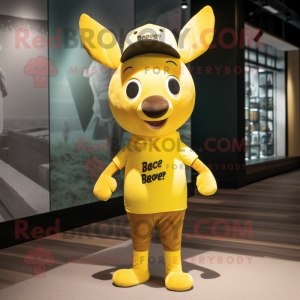 Yellow Deer mascot costume character dressed with a Graphic Tee and Beanies