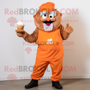 Orange Cupcake mascot costume character dressed with a Dungarees and Gloves