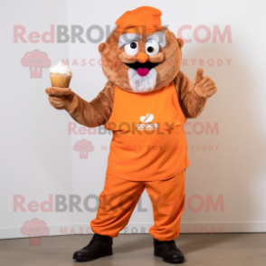 Orange Cupcake mascot costume character dressed with a Dungarees and Gloves