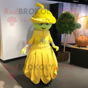 Lemon Yellow Grape mascot costume character dressed with a Pleated Skirt and Hat pins