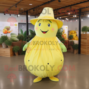Lemon Yellow Grape mascot costume character dressed with a Pleated Skirt and Hat pins